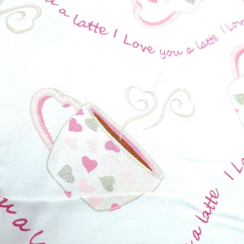 Vintage I Love You A Latte Fabric 63"x45" Pink Coffee Cup Heart Glitter Cotton